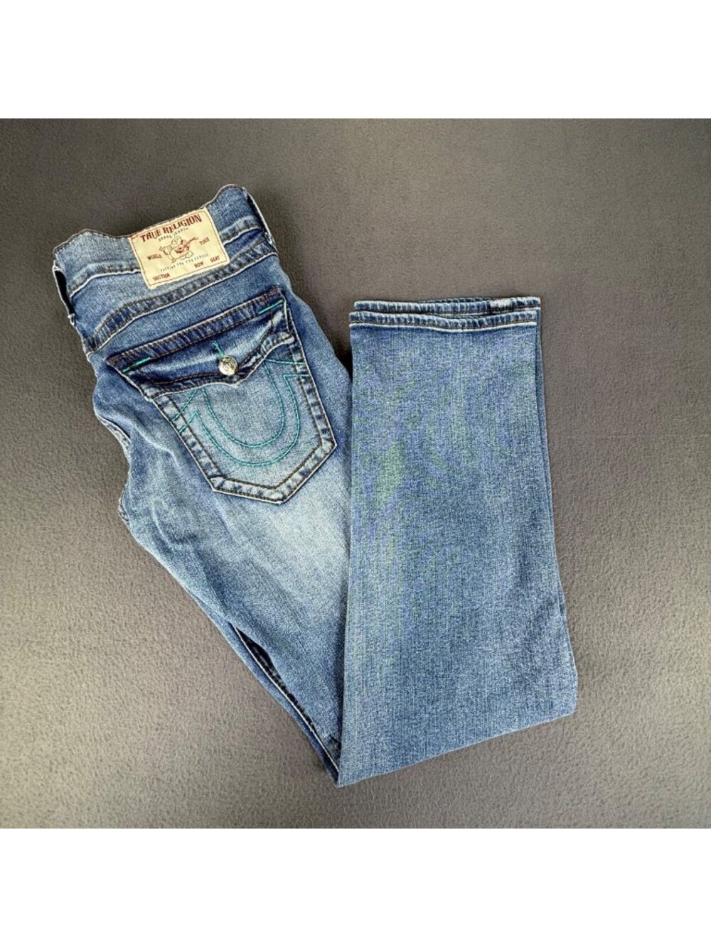 True Religion Ricky Jeans Mens Light Wash Relaxed Straight Flap Pocket 34x34 EUC